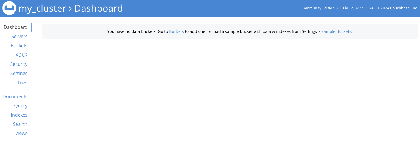 Image Alt Text:Couchbase Dashboard showing cluster health, server statistics, and bucket status. The dashboard displays panels for cluster overview, server nodes, and buckets, with status indicators for health and activity. Text in the image includes Cluster Overview, Servers, Buckets, and Health. The interface is organized and visually clear, designed to help users monitor Couchbase performance and status. The environment feels professional and supportive, encouraging users to review system health and resource usage. alt-text
