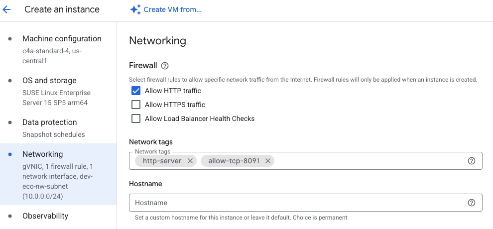 Image Alt Text:Screenshot showing the Google Cloud Console interface with the Networking tab open for a VM instance. The primary subject is the configuration of a firewall rule allowing TCP traffic on port 8091. The Network tags field contains allow-tcp-8091. The wider environment includes other VM configuration options and navigation menus. The tone is neutral and instructional. Visible text includes Network tags and allow-tcp-8091.  alt-text