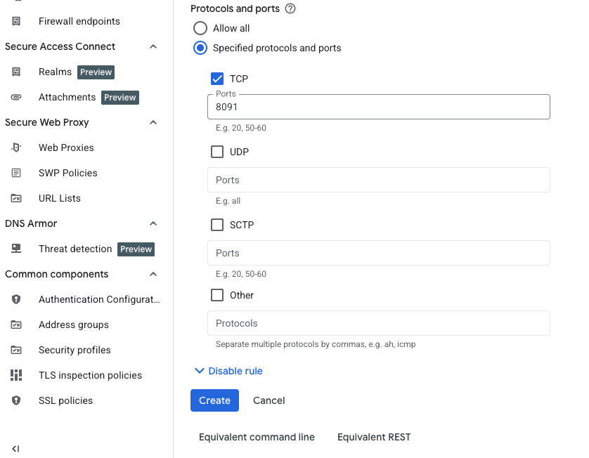 Image Alt Text:Google Cloud Console showing the Protocols and ports section of the Create firewall rule page. The TCP checkbox is selected and the Ports field contains 8091. The interface is part of a clean, organized web dashboard for configuring firewall settings. Visible text includes Protocols and ports, Specified protocols and ports, TCP, and Ports 8091. The tone is neutral and instructional. alt-text