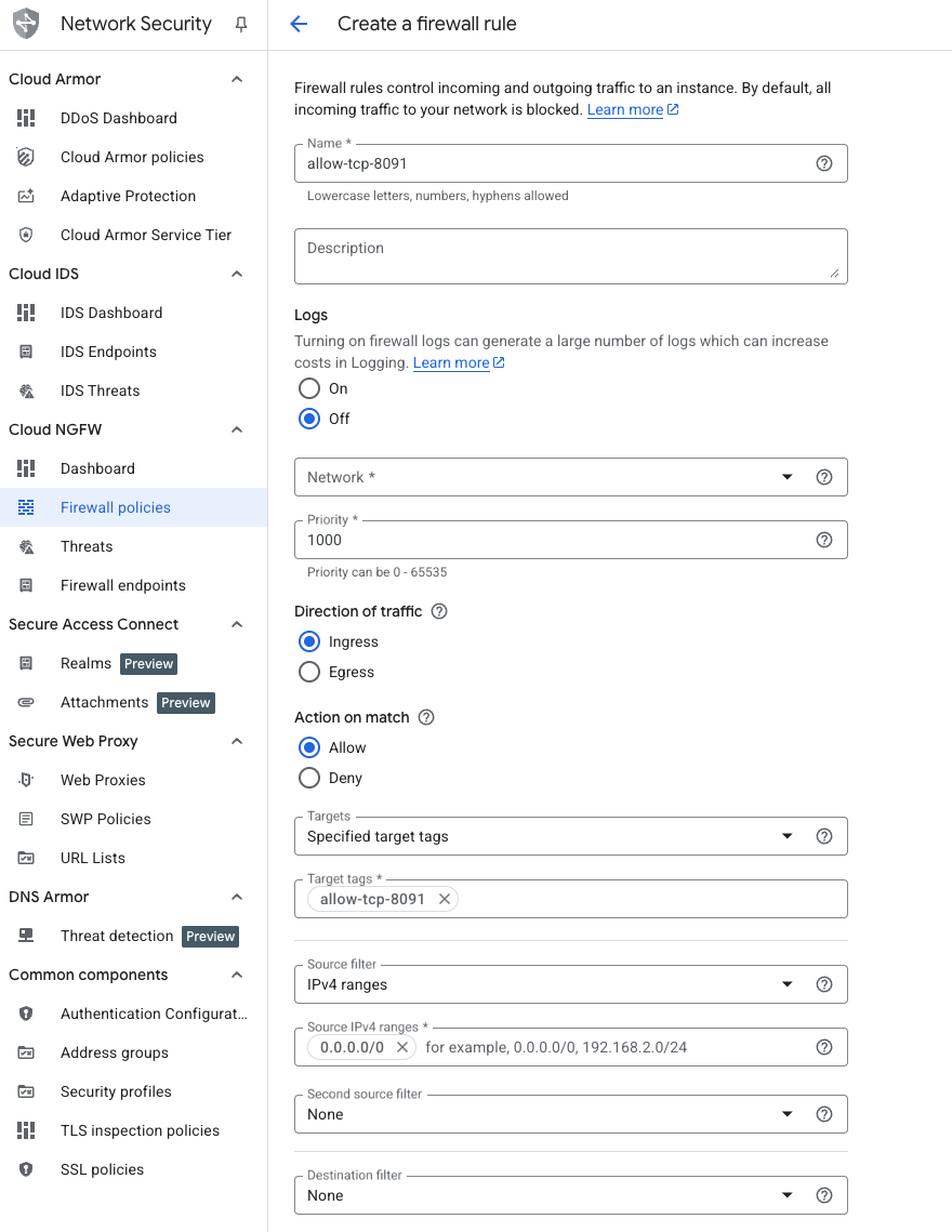 Image Alt Text:Google Cloud Console interface displaying the Create firewall rule page. The main section shows fields for Name set to allow-tcp-8091, Network dropdown, Direction set to Ingress, Action set to Allow, Targets set to Specified target tags with allow-tcp-8091 entered, and Source IPv4 ranges set to 0.0.0.0/0. The environment is a clean, organized web dashboard focused on configuring firewall settings for a virtual machine. The tone is neutral and instructional. All visible text is transcribed in the description. alt-text 