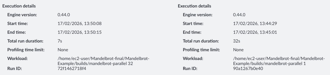 Image Alt Text:The Arm Performix Run Details tab comparing execution time between the baseline and parallelized builds, showing a reduction from 32s to 7s