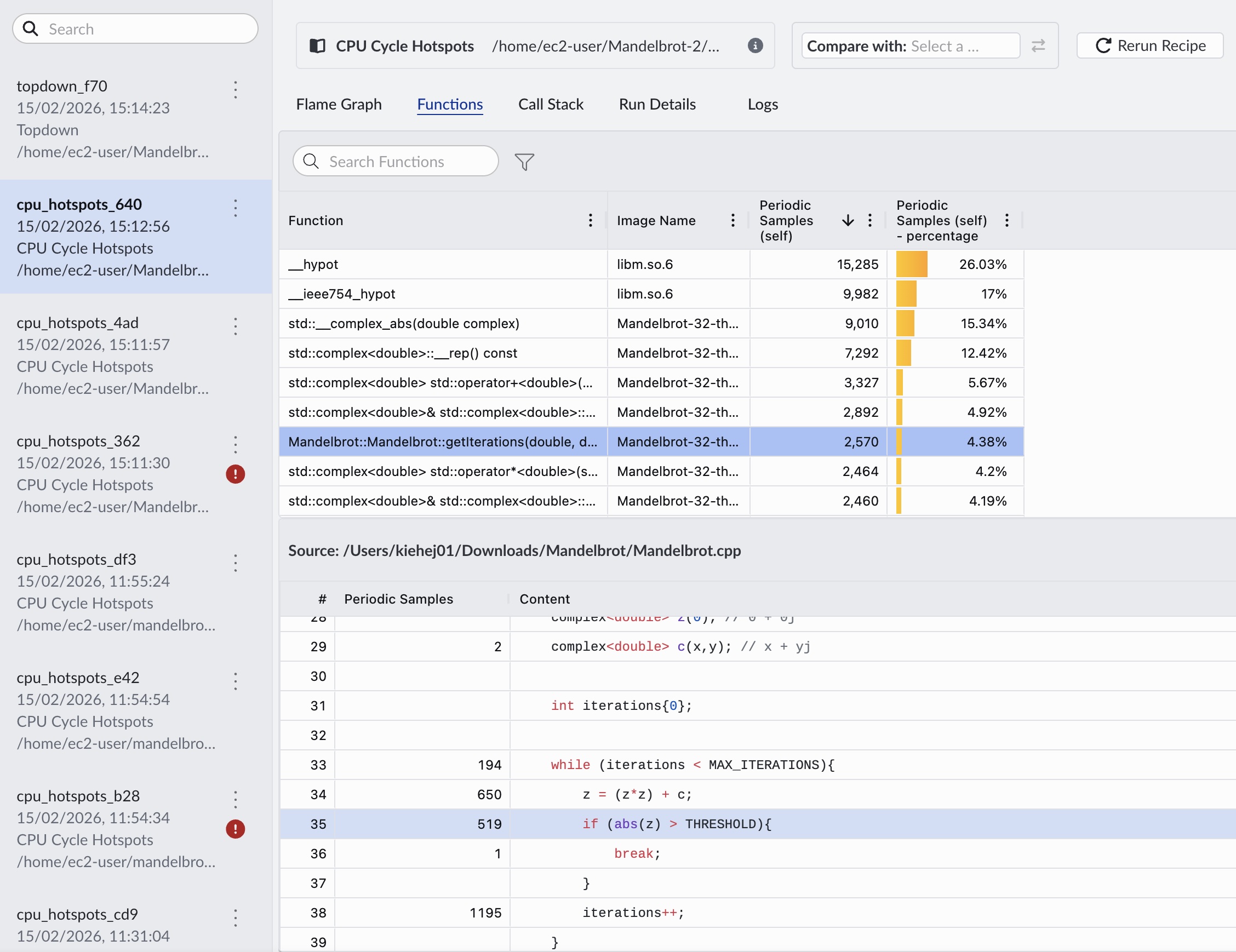 Image Alt Text:The Arm Performix flame graph view showing source code annotations mapped to the selected hot function