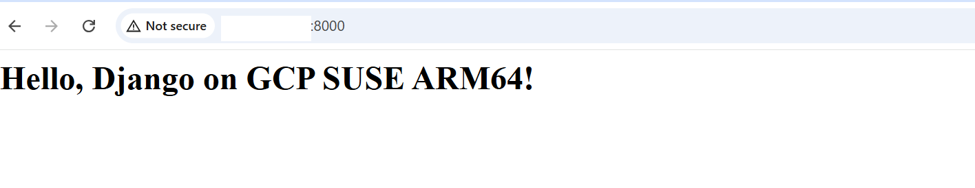 Image Alt Text:Screenshot of a web browser displaying a Django app with a large heading that reads Hello, Django on Arm centered on a clean white background. The page contains no additional content or navigation, creating a straightforward and welcoming tone. alt-text