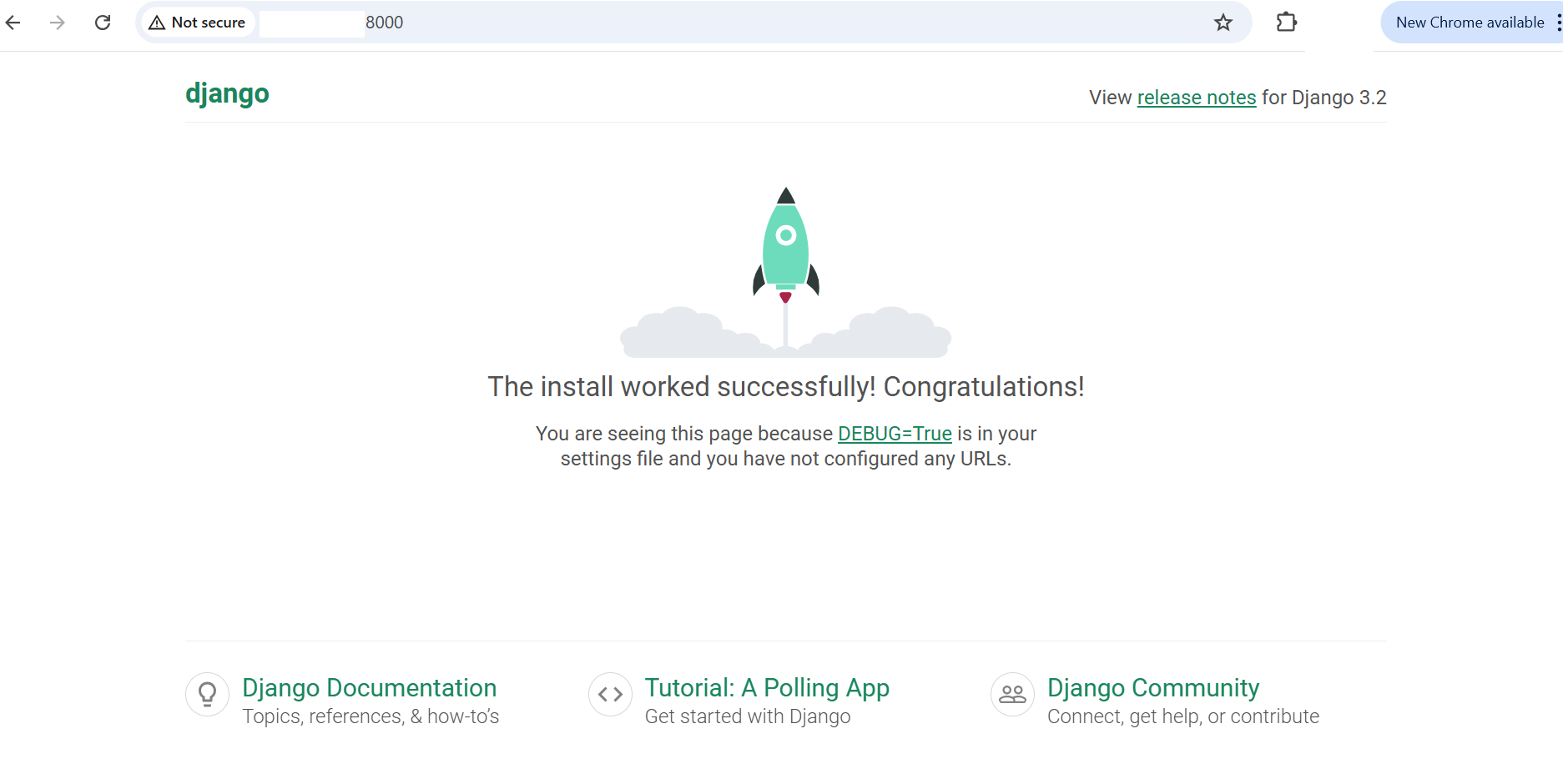 Image Alt Text:Screenshot of the Django welcome page displayed in a web browser. The page features a large heading stating The install worked successfully followed by a subheading congratulating the user on successfully installing Django. Below are instructions for the next steps, including editing the settings file and reading the Django documentation. The page has a clean white background with blue highlights. alt-text