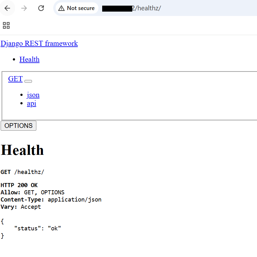 Image Alt Text:Screenshot showing Django health check endpoint returning a JSON response with status ok, indicating successful deployment and validation of the Django application running on GKE alt-txt