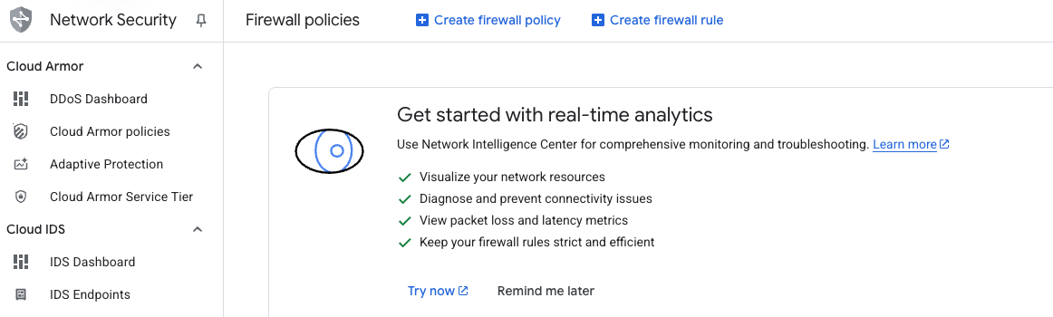 Image Alt Text:Screenshot of the Google Cloud Console showing the Firewall section. The Create firewall rule button is prominently displayed at the top of the page. alt-text