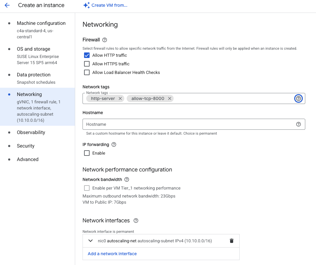 Image Alt Text:Screenshot showing the Networking configuration section. The Allow HTTP traffic checkbox is enabled and the Network tags field contains django-server. alt-text