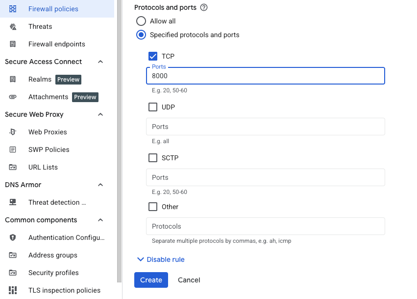 Image Alt Text:Screenshot of the Protocols and ports section. The TCP checkbox is checked and port 8000 is entered in the Ports field. alt-text