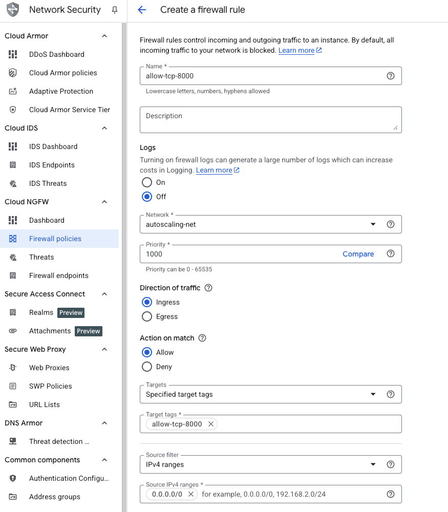Image Alt Text:Screenshot showing the firewall rule configuration form. The Name field shows allow-django-8000, Direction is set to Ingress, and Targets is set to Specified target tags. alt-text