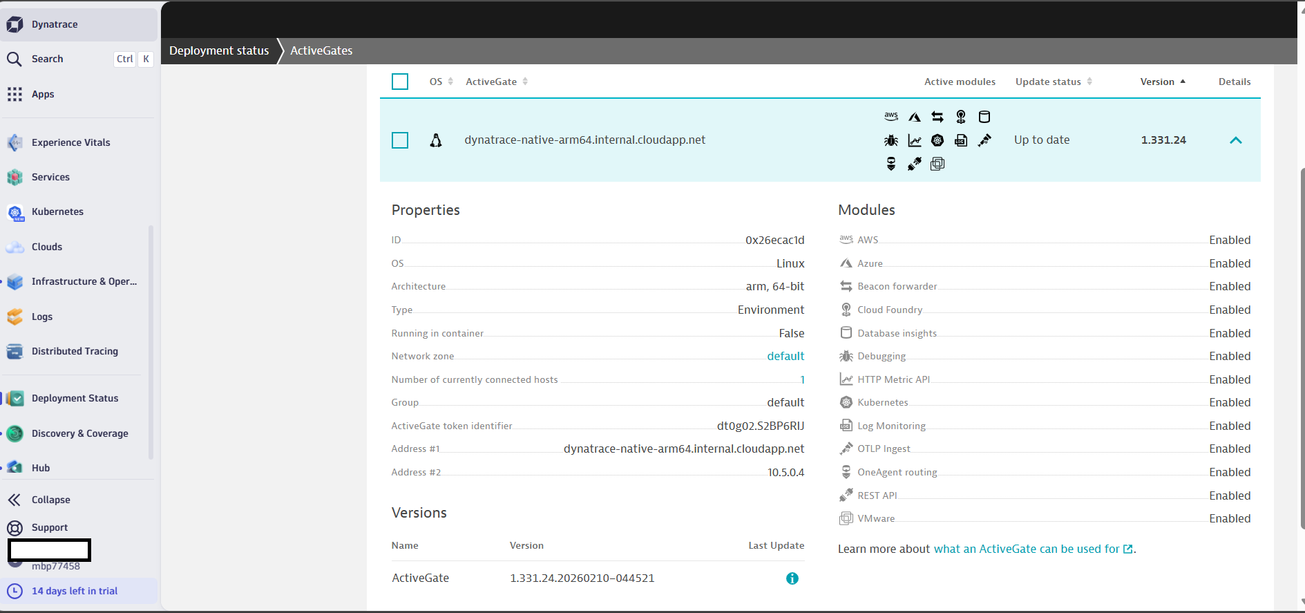 Image Alt Text:Dynatrace ActiveGate details page showing modules and configuration alt-txt