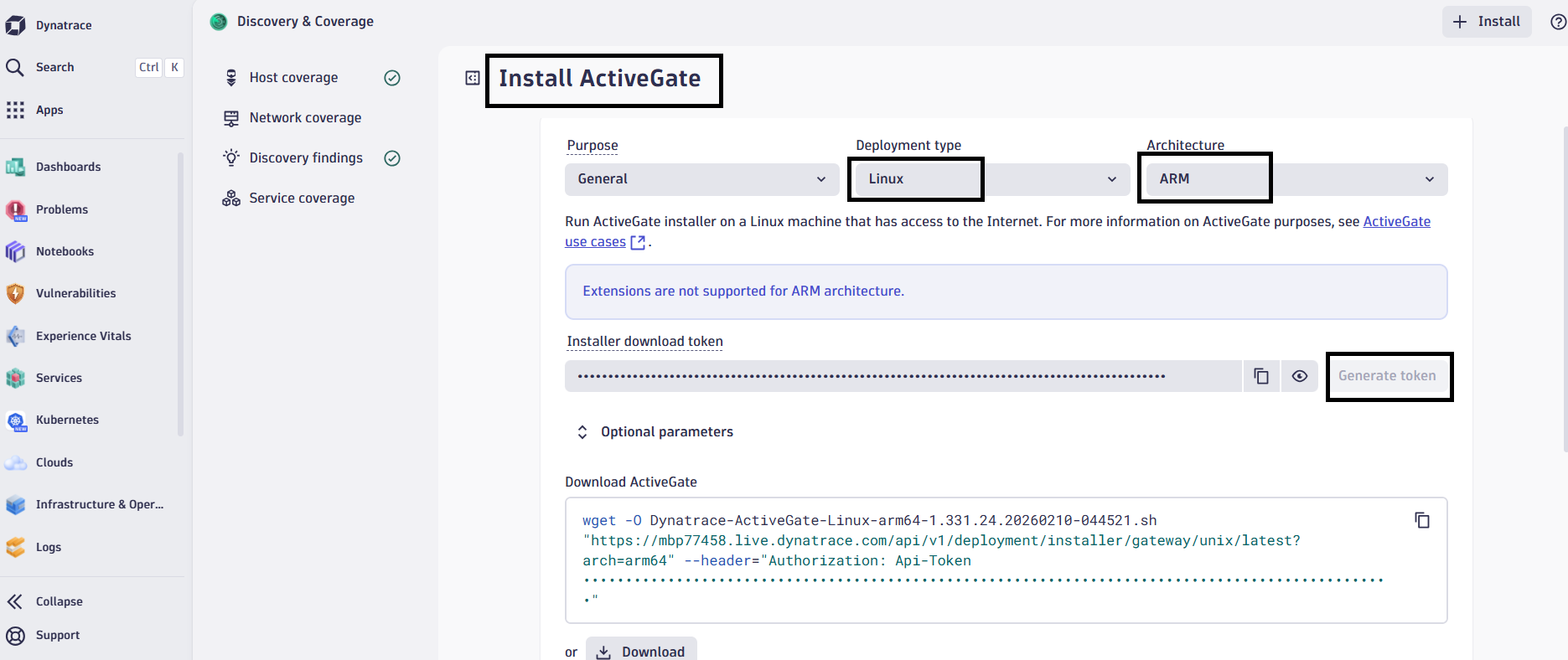 Image Alt Text:Dynatrace Install ActiveGate page showing Linux platform and ARM64 architecture selection alt-txt