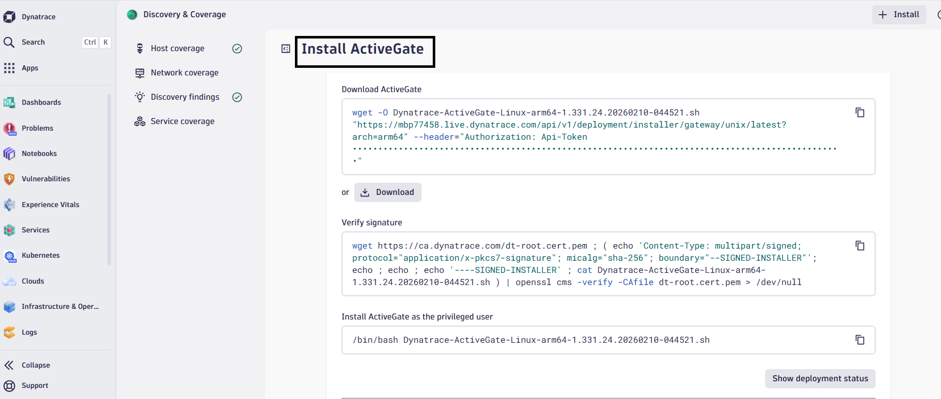 Image Alt Text:Dynatrace showing ActiveGate installer command for Linux ARM64 alt-txt