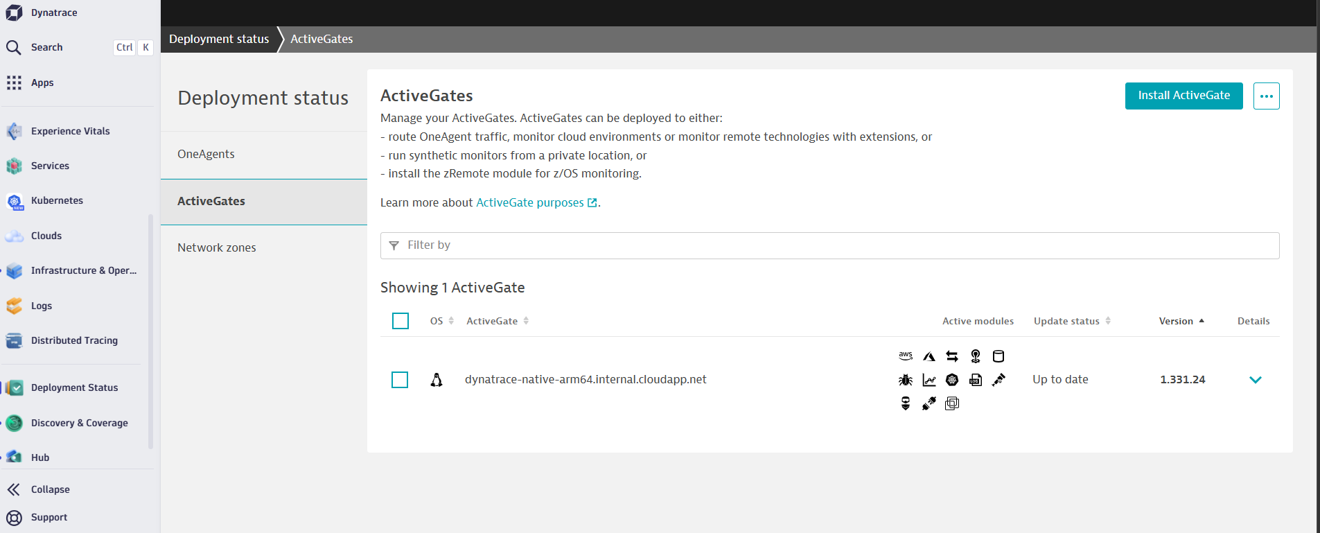 Image Alt Text:Dynatrace Deployment Status page showing ActiveGate connected and running alt-txt