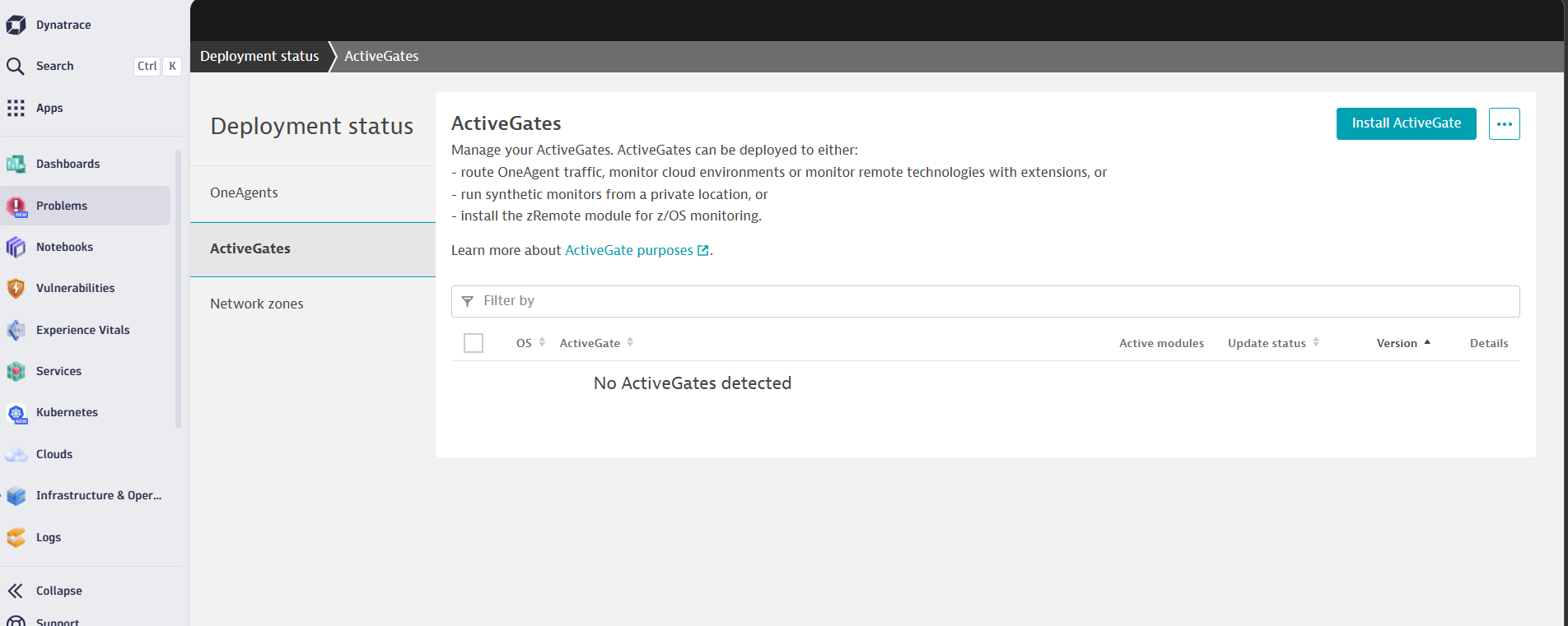 Image Alt Text:Dynatrace deployment status page showing no ActiveGate detected alt-txt