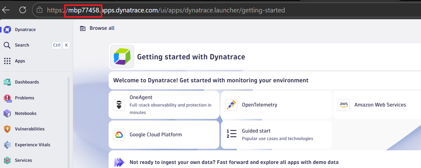 Image Alt Text:Dynatrace environment login page showing SaaS environment URL