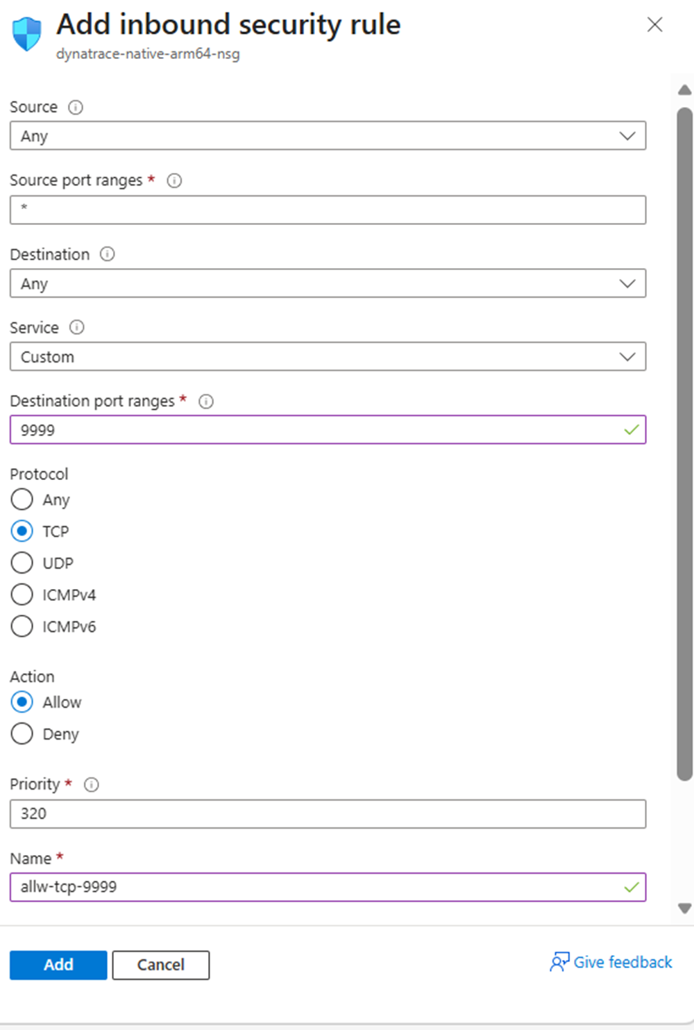 Image Alt Text:Azure Portal showing inbound security rule form with port 9999 configuration alt-txt