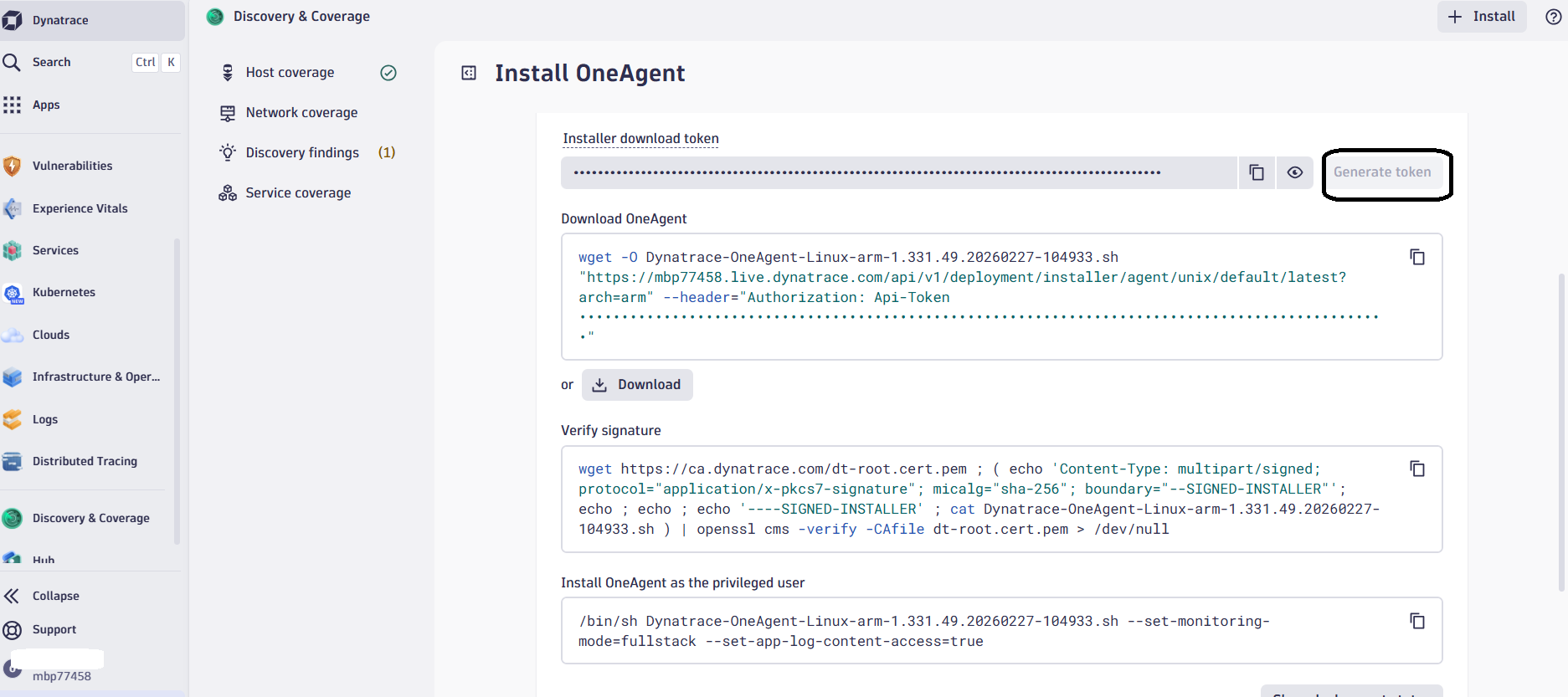Image Alt Text:Dynatrace UI showing generated OneAgent installer command