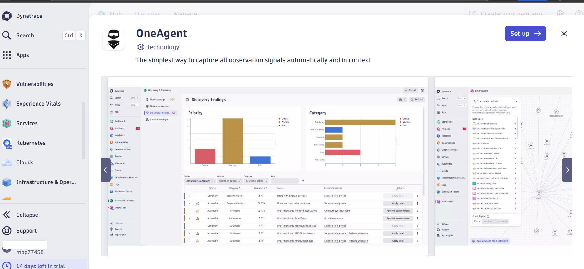 Image Alt Text:Dynatrace deployment page showing OneAgent setup options