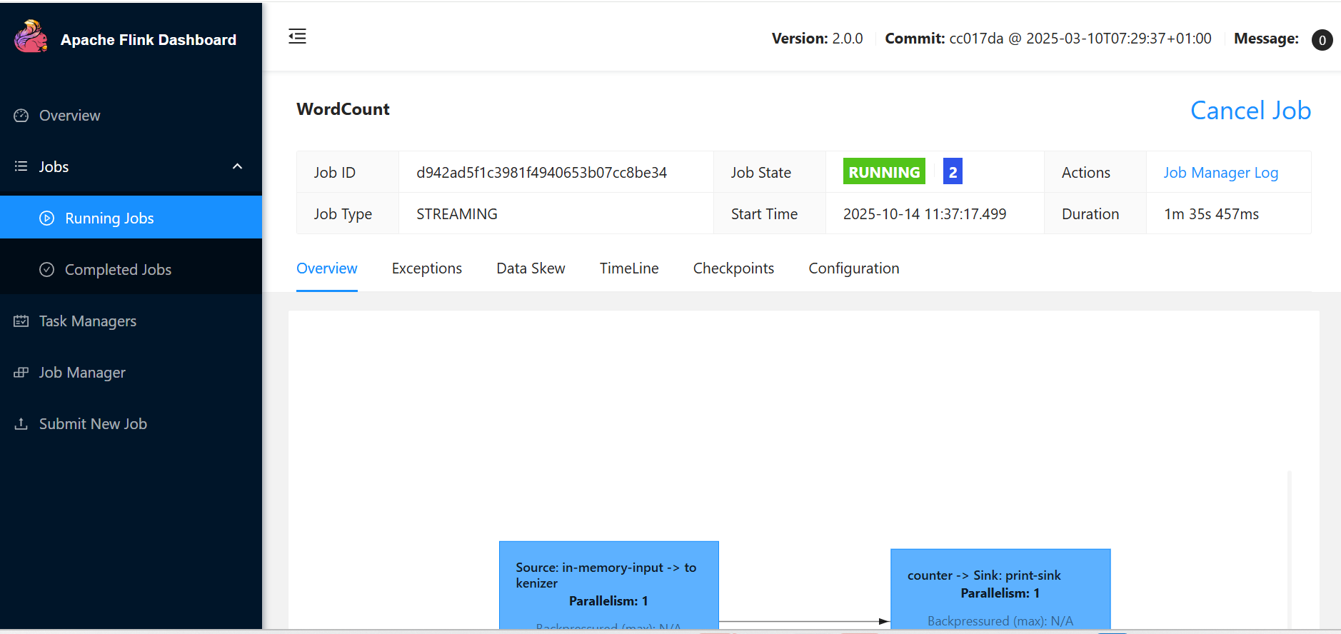 Image Alt Text:Screenshot of the Flink Dashboard showing a completed WordCount job with execution details, task metrics, and job timeline visible in the web interface alt-text