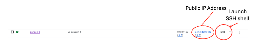 Image Alt Text:Google Cloud Console VM instances page displaying running instance with green checkmark and SSH button in the Connect column