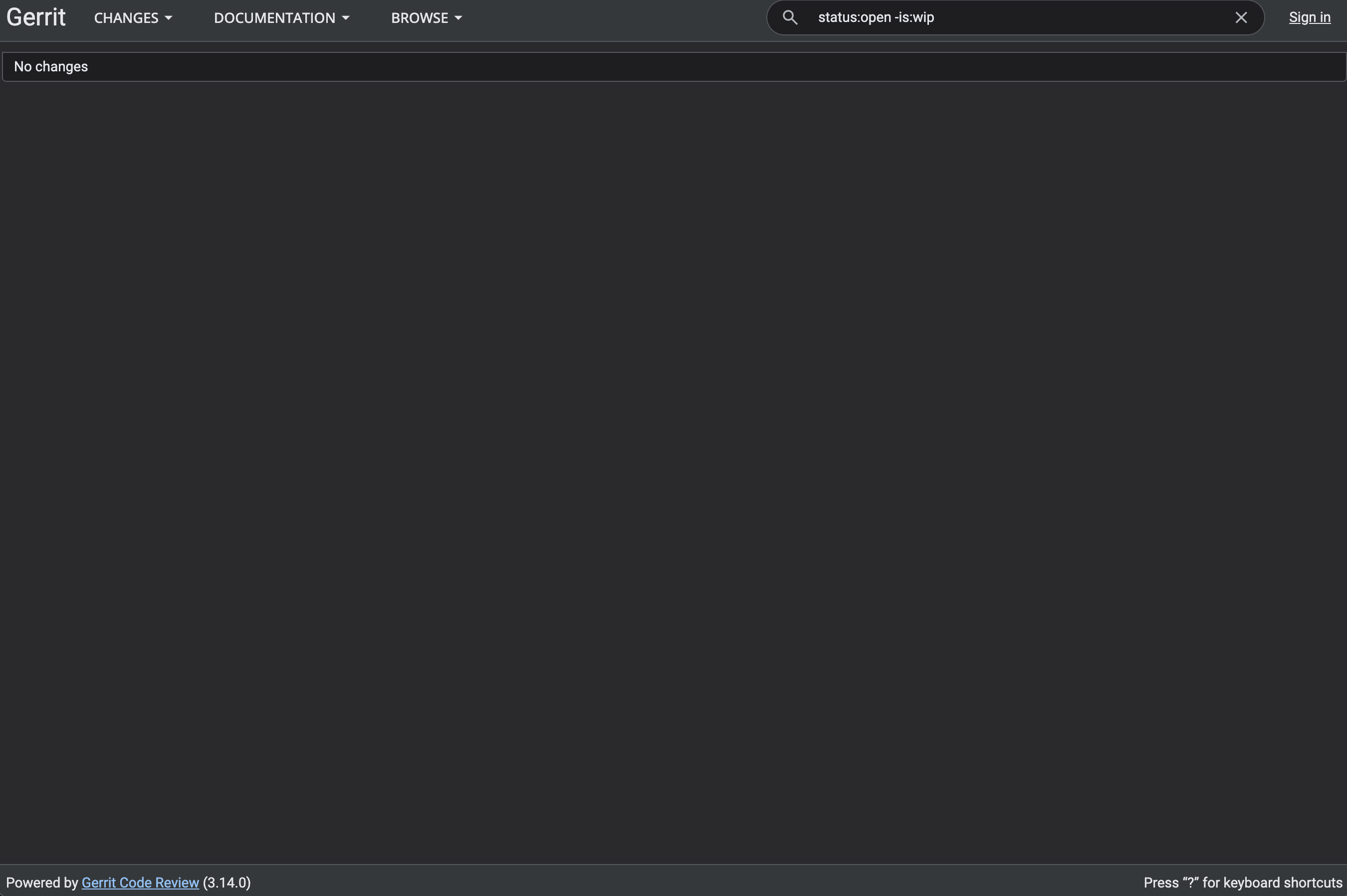 Image Alt Text:Gerrit web console dashboard showing the main interface with navigation menu and project/change options available.