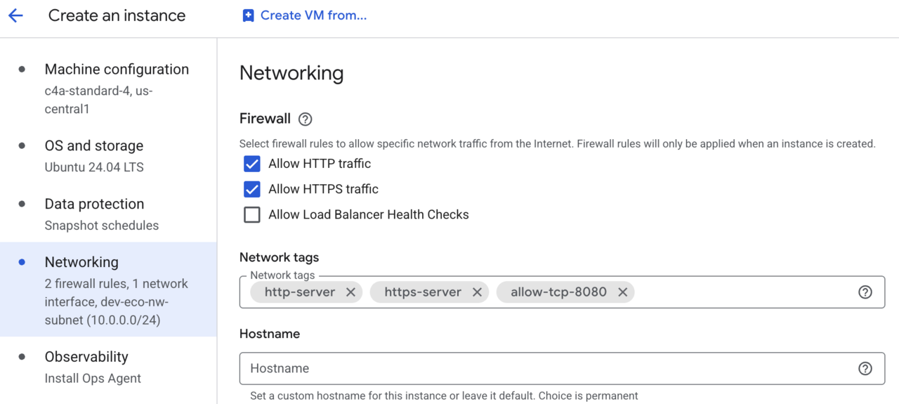 Image Alt Text:Google Cloud console interface showing the Networking tab for VM instance configuration. The Network tags field displays allow-tcp-8080 to enable firewall rule for Gerrit dashboard traffic on port 8080. Other networking options and VM configuration controls are visible.