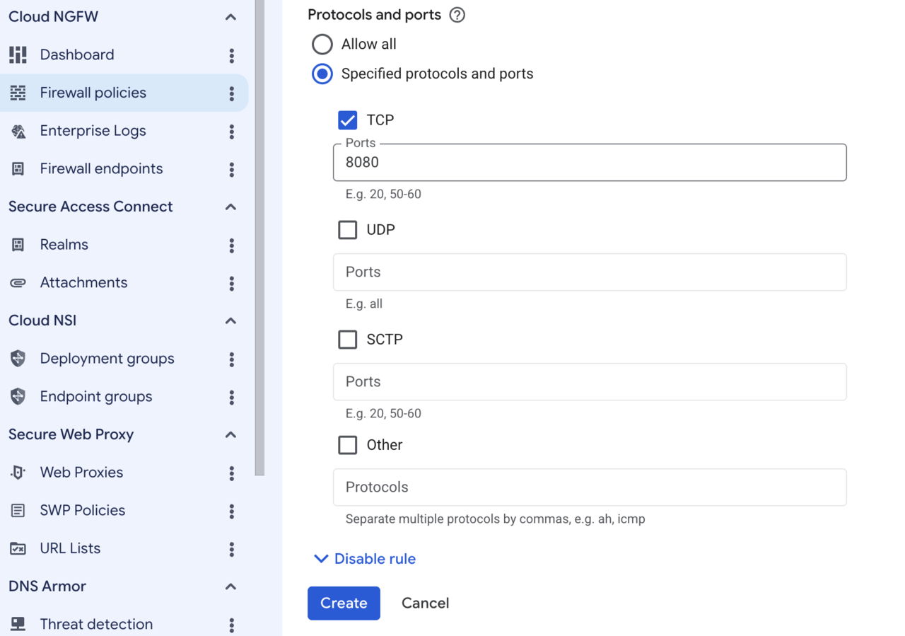 Image Alt Text:Google Cloud Console showing the Protocols and ports section with TCP checkbox selected and Ports field containing 8080. This ensures only TCP traffic on port 8080 is allowed through the firewall for Gerrit.