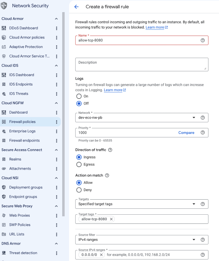 Image Alt Text:Google Cloud Console showing the firewall rule configuration form with allow-tcp-8080 in the Name field, Ingress direction, Allow action, Specified target tags field with allow-tcp-8080, and Source IPv4 ranges set to 0.0.0.0/0. This configuration enables TCP port 8080 traffic for Gerrit access.
