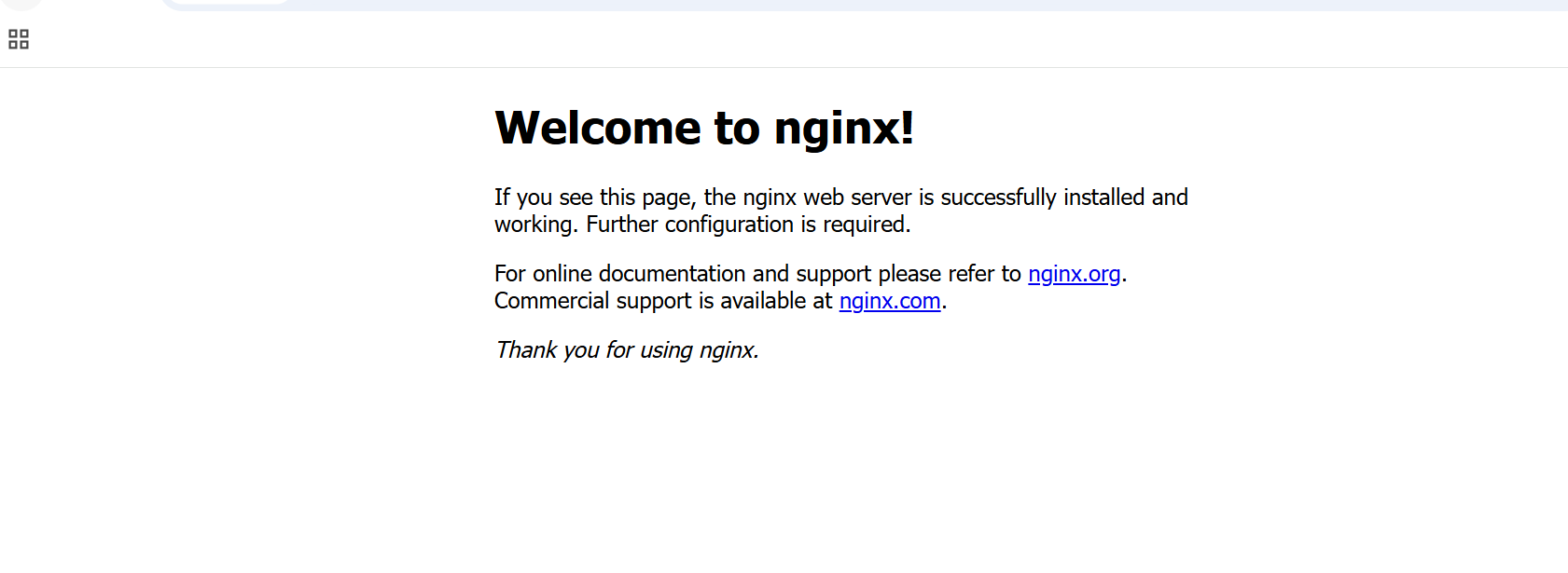 Image Alt Text:NGINX default welcome page displayed in a web browser showing the welcome message and basic NGINX information