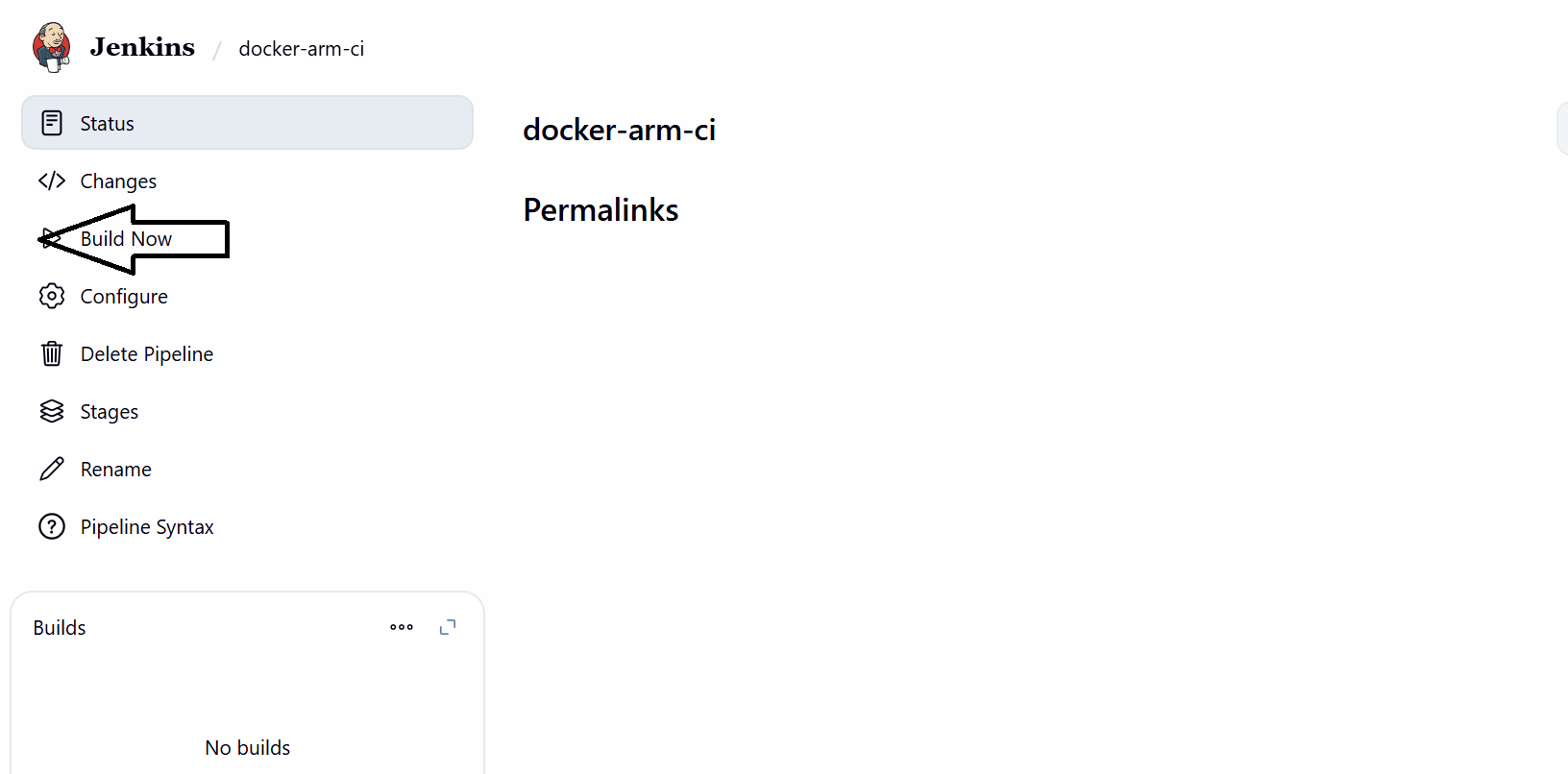 Image Alt Text:Jenkins docker-arm-ci job page showing Build Now button and build #1 in Build History alt-txt