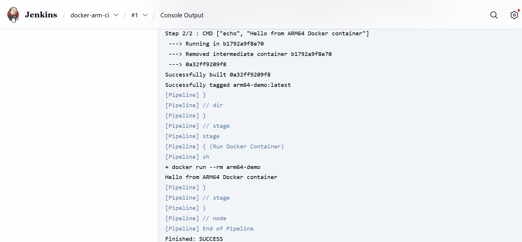 Image Alt Text:Jenkins console output showing Docker build stages with Architecture aarch64, Docker version, image build success, and Hello from Arm64 Docker container message alt-txt