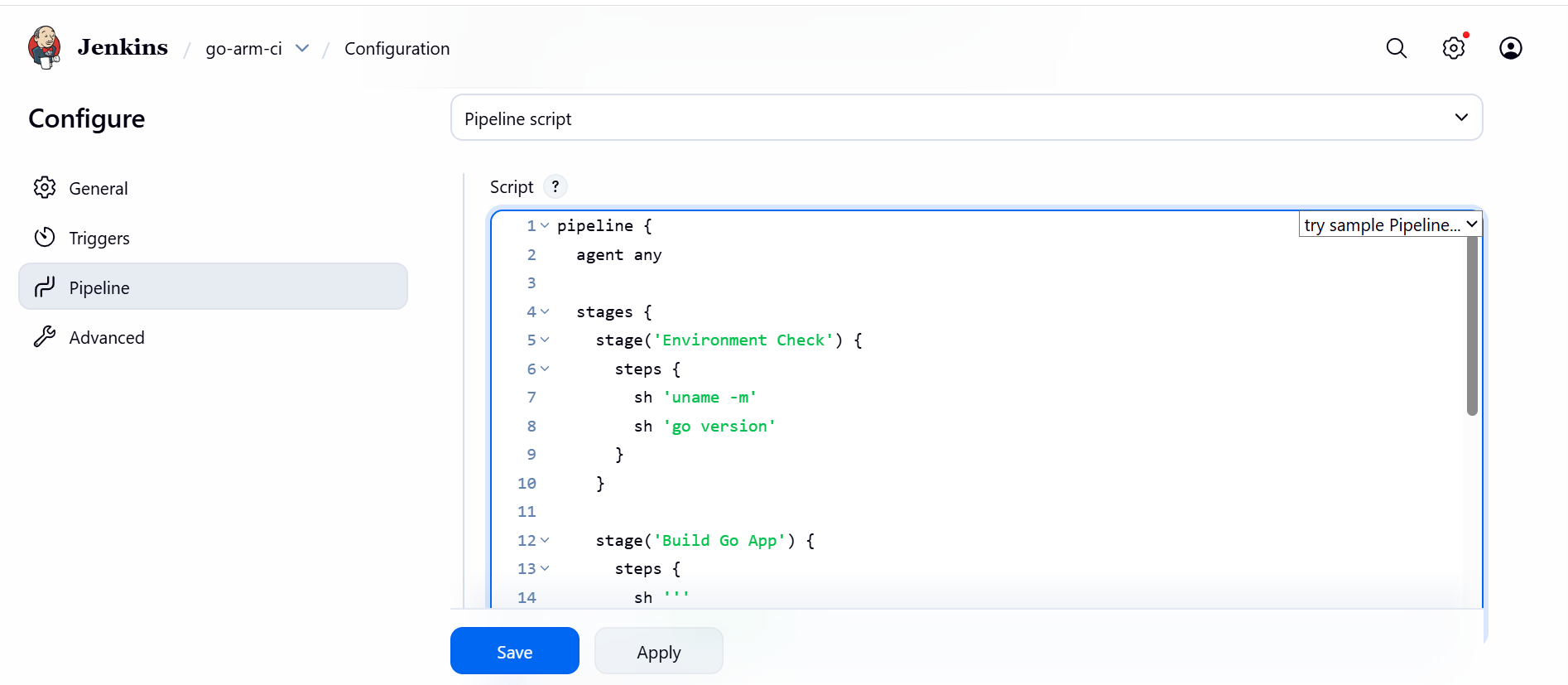 Image Alt Text:Jenkins pipeline configuration page showing Pipeline script with Go build stages defined in Groovy alt-txt