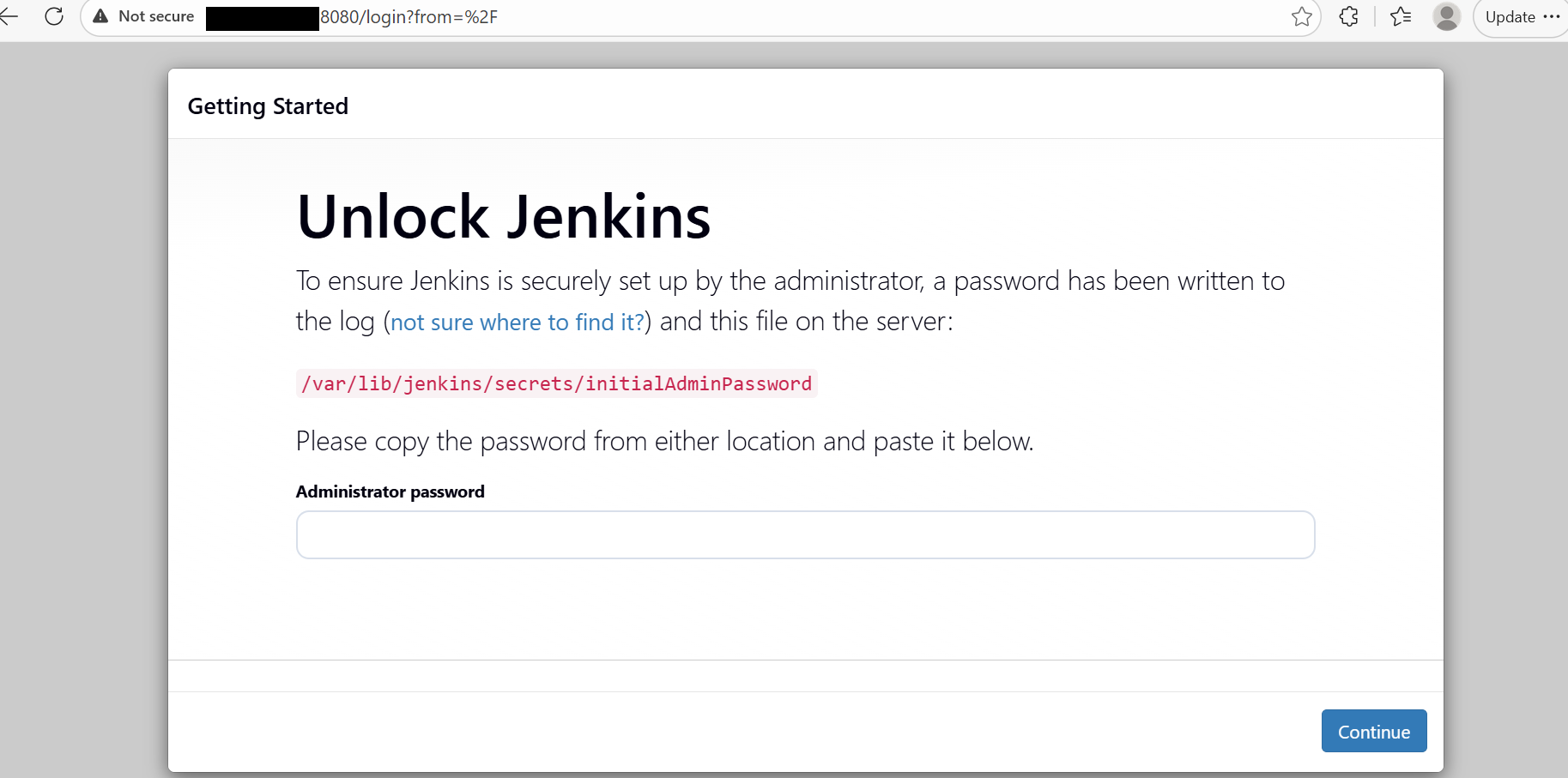 Image Alt Text:Jenkins web interface showing unlock page with text field for entering initial admin password alt-txt