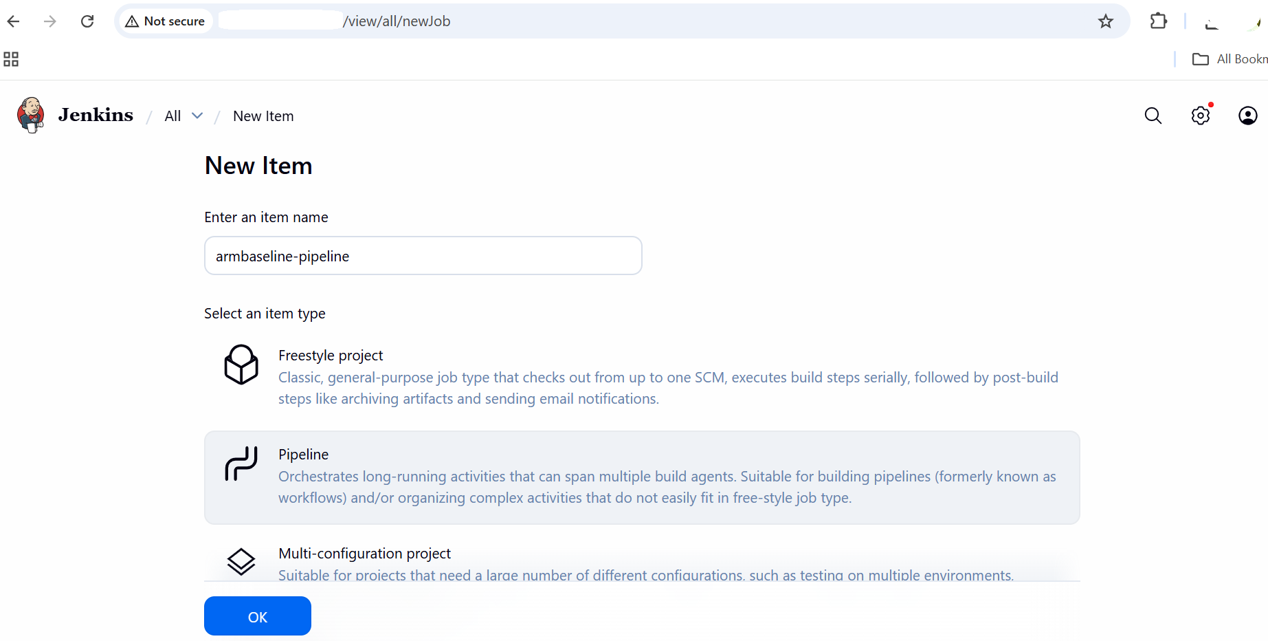 Image Alt Text:Jenkins New Item page showing item name field with armbaseline-pipeline entered and Pipeline option selected alt-txt