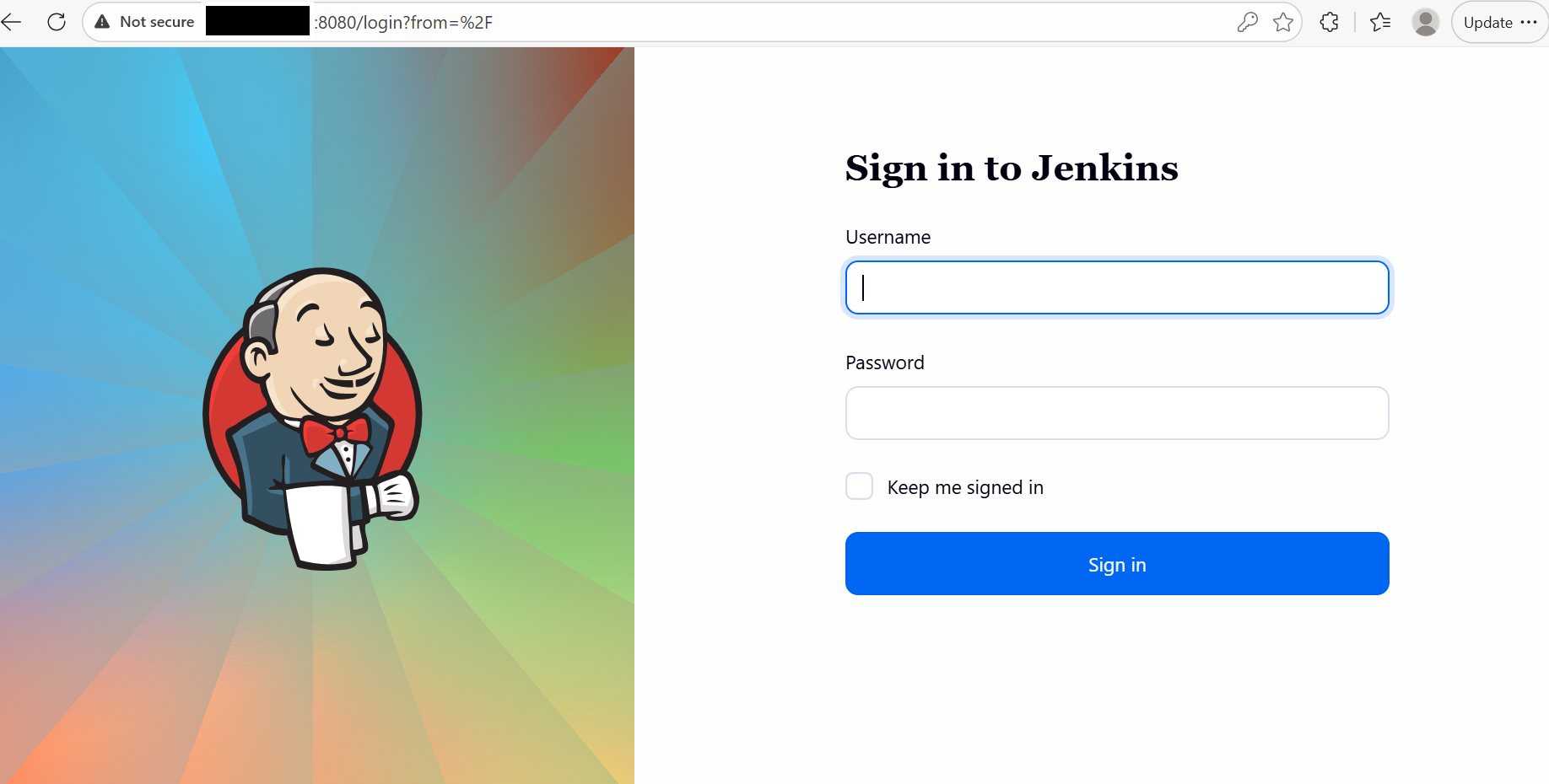 Image Alt Text:Jenkins login screen with username and password fields and Sign in button alt-txt