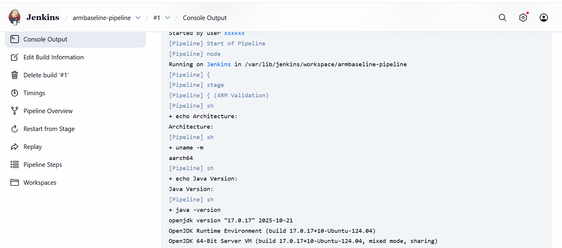 Image Alt Text:Jenkins console output showing Go build stages with Architecture aarch64, Go version, and Hello from Go on Arm64 via Jenkins message alt-txt