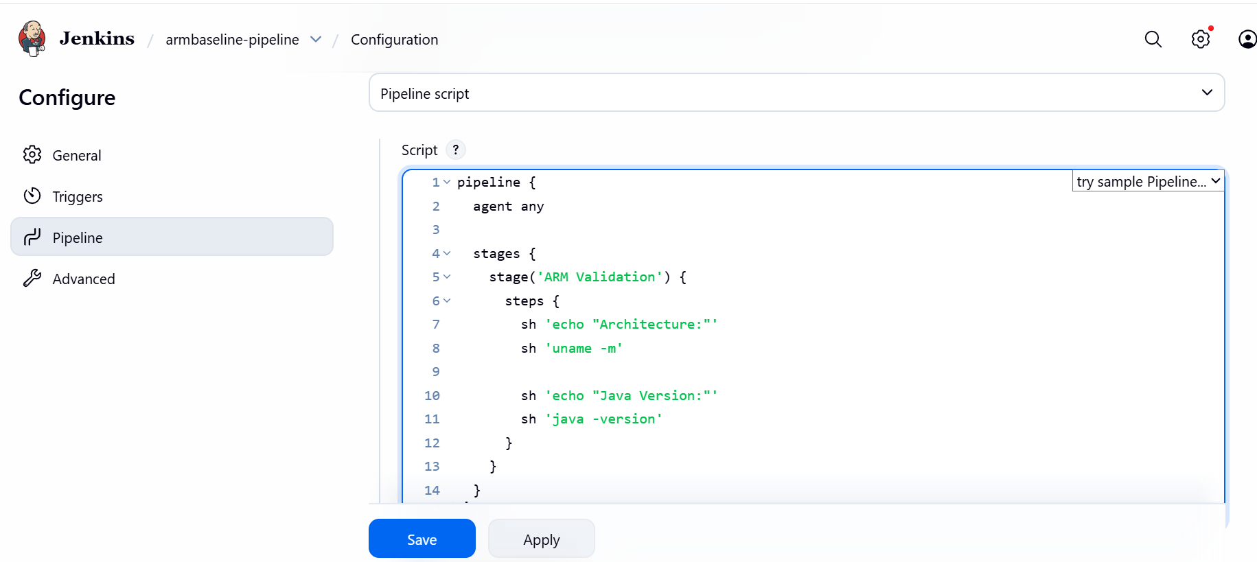 Image Alt Text:Jenkins pipeline configuration page showing Pipeline script definition section with Groovy code visible alt-txt