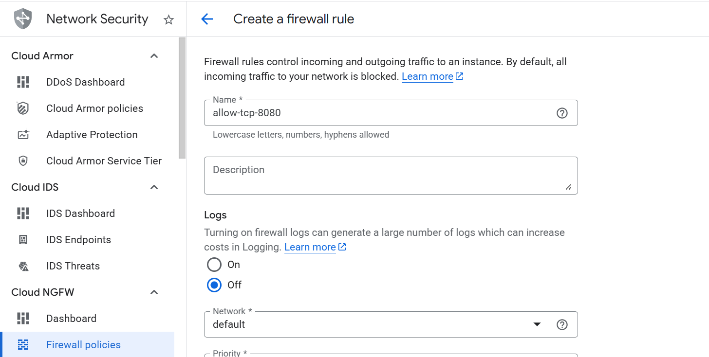 Image Alt Text:Google Cloud Console firewall rule creation form showing name field, network selection, direction set to Ingress, and targets set to Specified target tags alt-txt