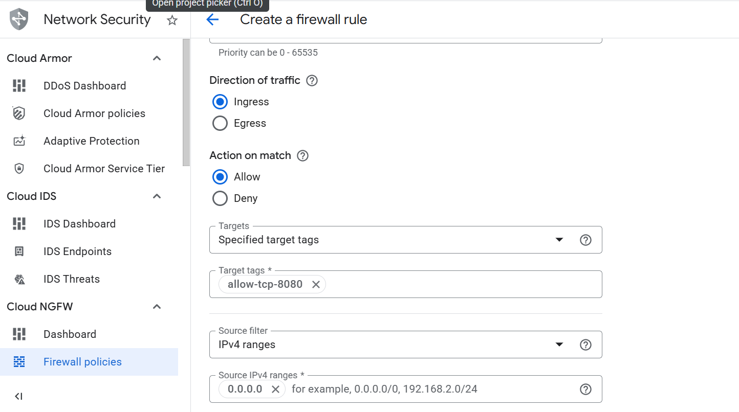 Image Alt Text:Google Cloud Console firewall rule form showing target tags field with allow-tcp-8080 entered and source IPv4 ranges set to 0.0.0.0/0 alt-txt