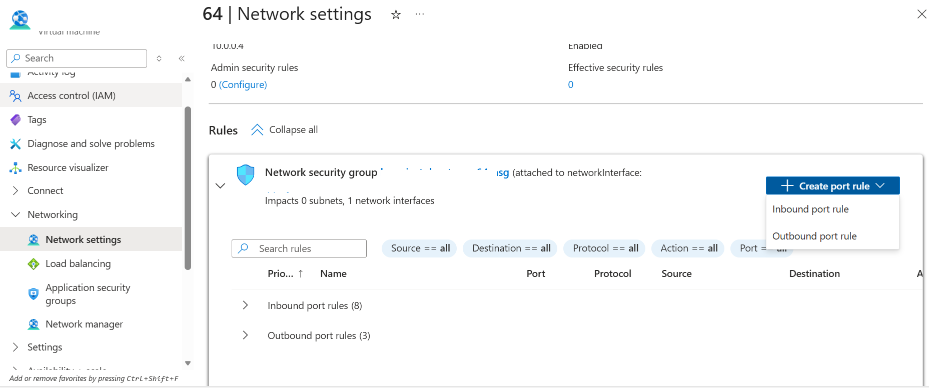 Image Alt Text:Azure portal showing Create port rule dropdown with Inbound port rule option highlighted alt-txt