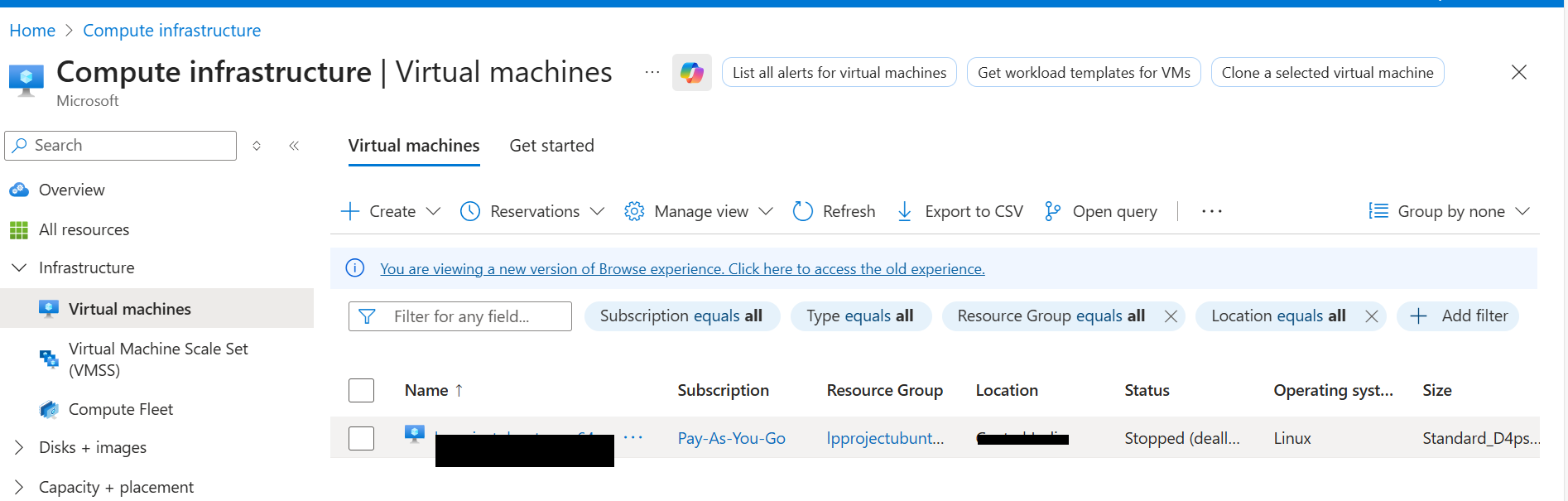 Image Alt Text:Azure portal Virtual Machines page showing list of running VMs with details like status, location, and size alt-txt