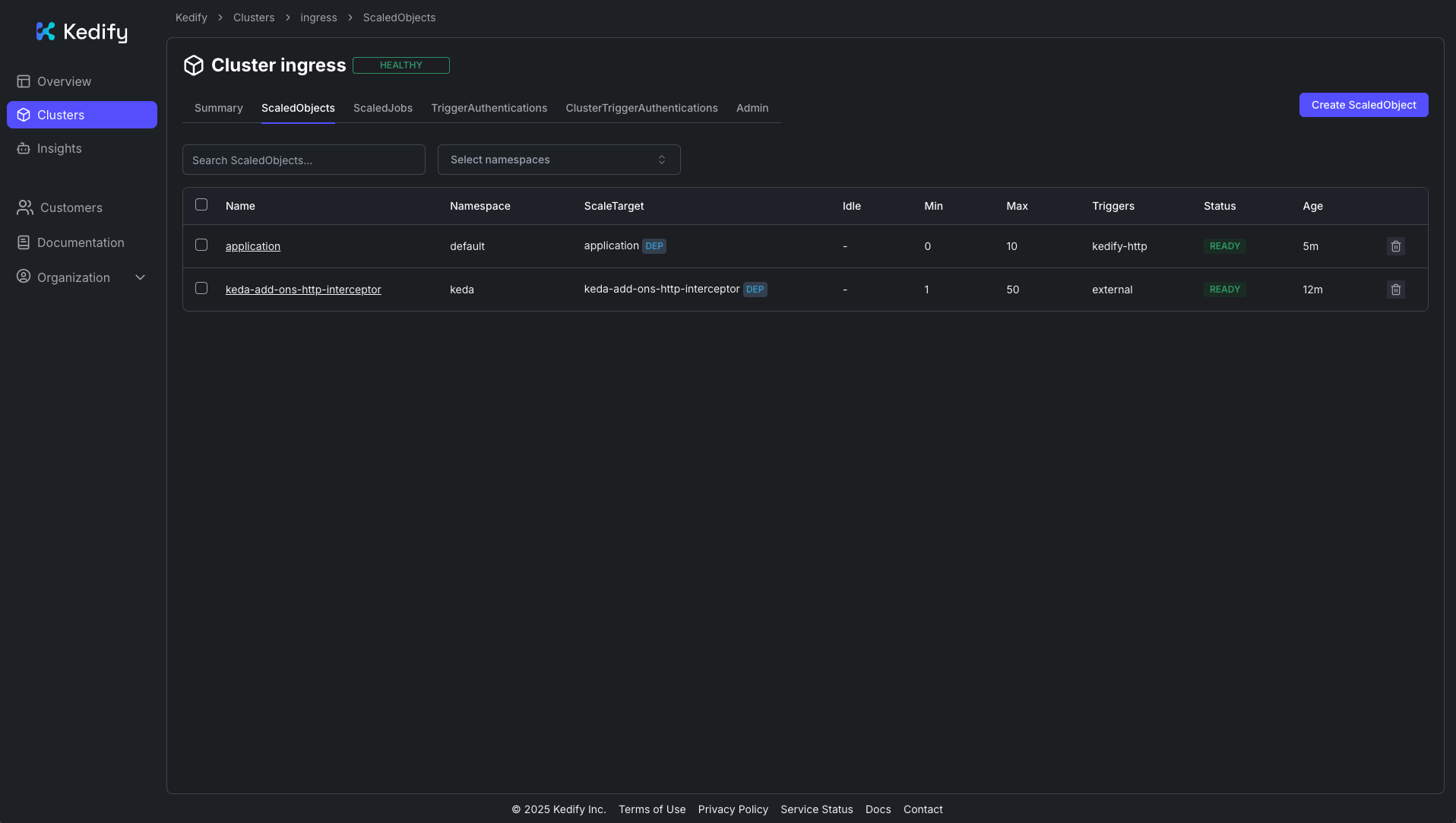 Image Alt Text:Kedify dashboard showing the ScaledObject alt-text