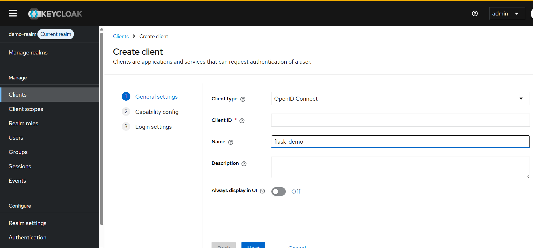 Image Alt Text:Keycloak Create Client page showing the OpenID Connect client configuration for the Flask OAuth2 demo application running on the Azure Cobalt 100-based Arm64 virtual machine.