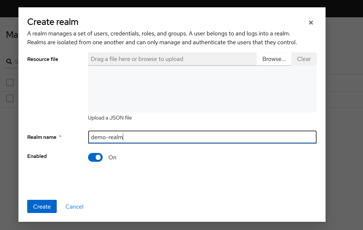 Image Alt Text:Keycloak Create Realm page showing the configuration of the demo-realm on the Azure Cobalt 100-based Arm64 virtual machine before creating the new authentication realm.