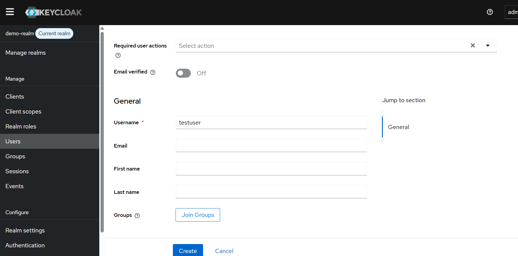 Image Alt Text:Keycloak Create User page showing the configuration of the testuser account inside the demo-realm on the Azure Cobalt 100-based Arm64 virtual machine.