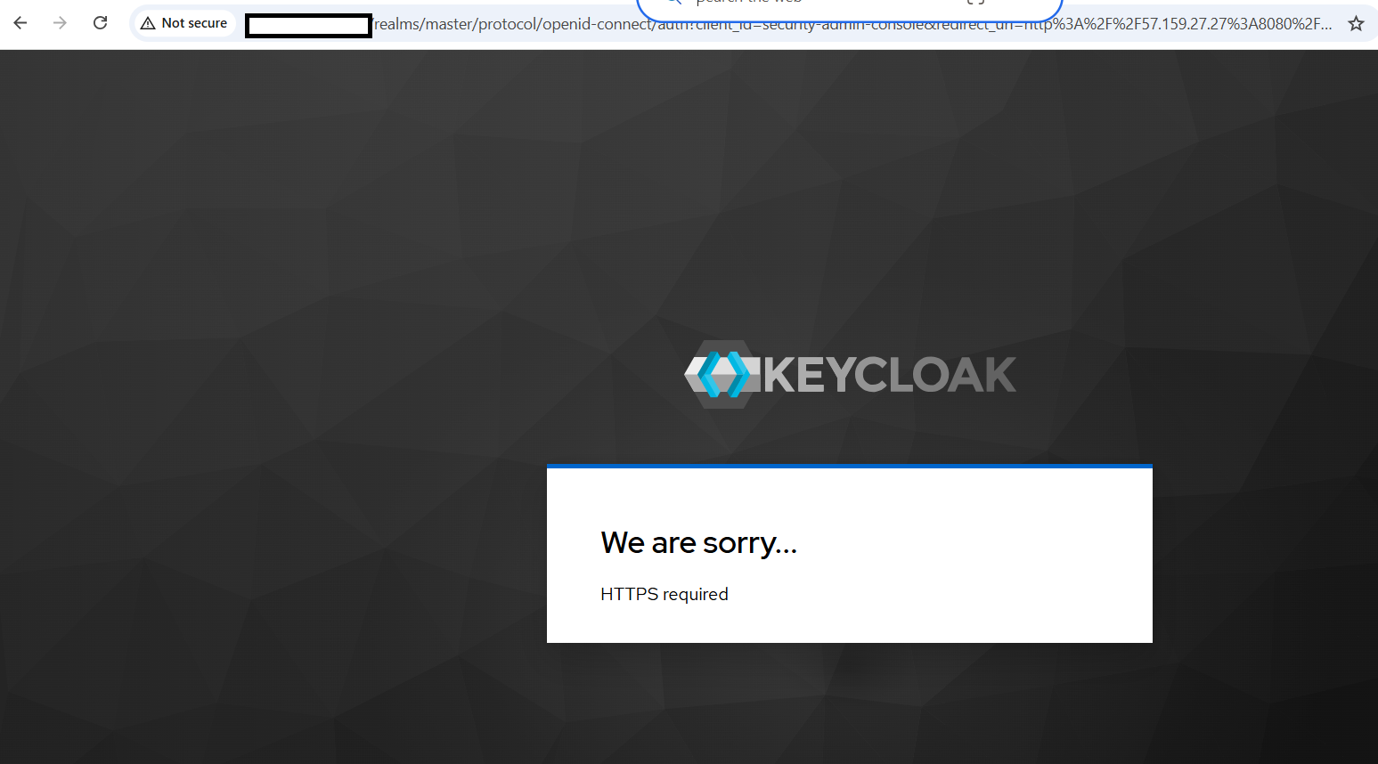 Image Alt Text:Keycloak browser page showing the initial HTTPS required error while accessing the Keycloak Admin Console on the Azure Cobalt 100-based Arm64 virtual machine. This occurs before disabling SSL enforcement for the master realm.