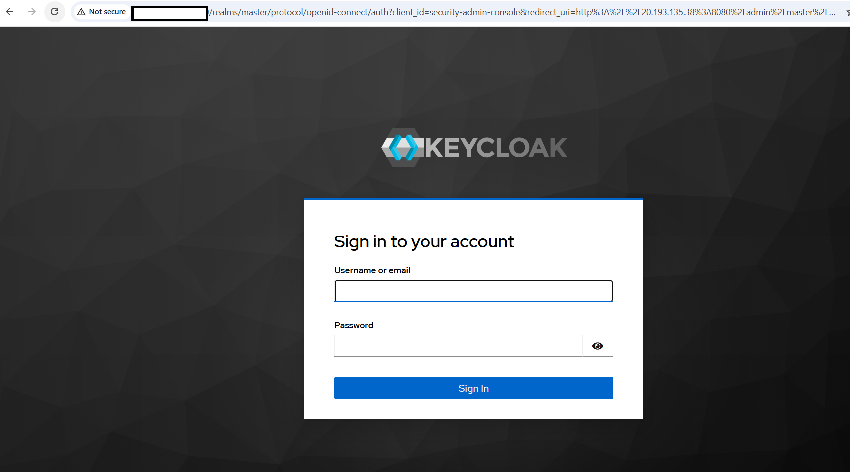 Image Alt Text:Keycloak login page running on the Azure Cobalt 100-based Arm64 virtual machine after fixing the HTTPS required issue and successfully loading the authentication screen.