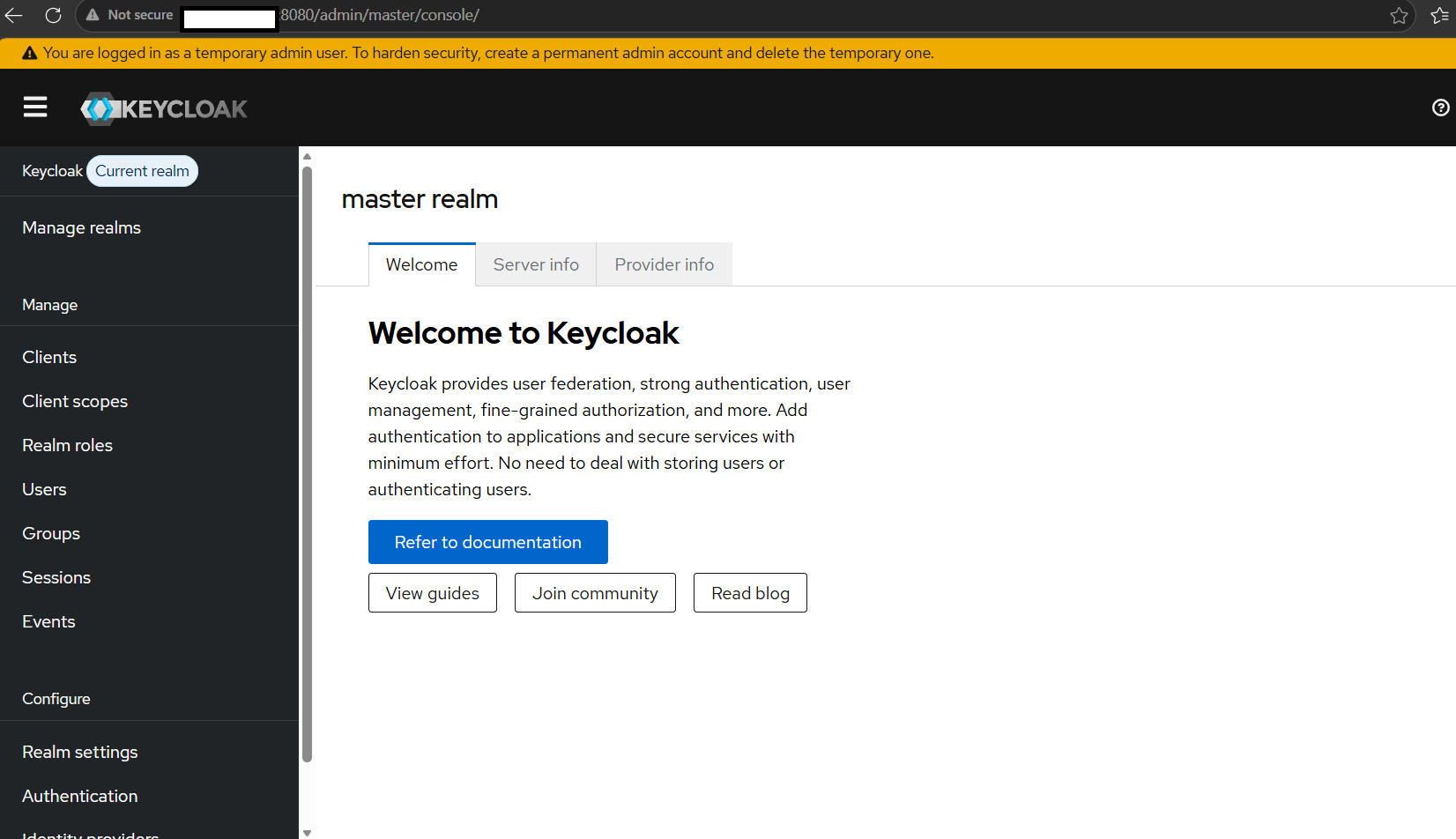 Image Alt Text:Keycloak Admin Console welcome page showing the master realm dashboard after successful login on the Azure Cobalt 100-based Arm64 virtual machine.