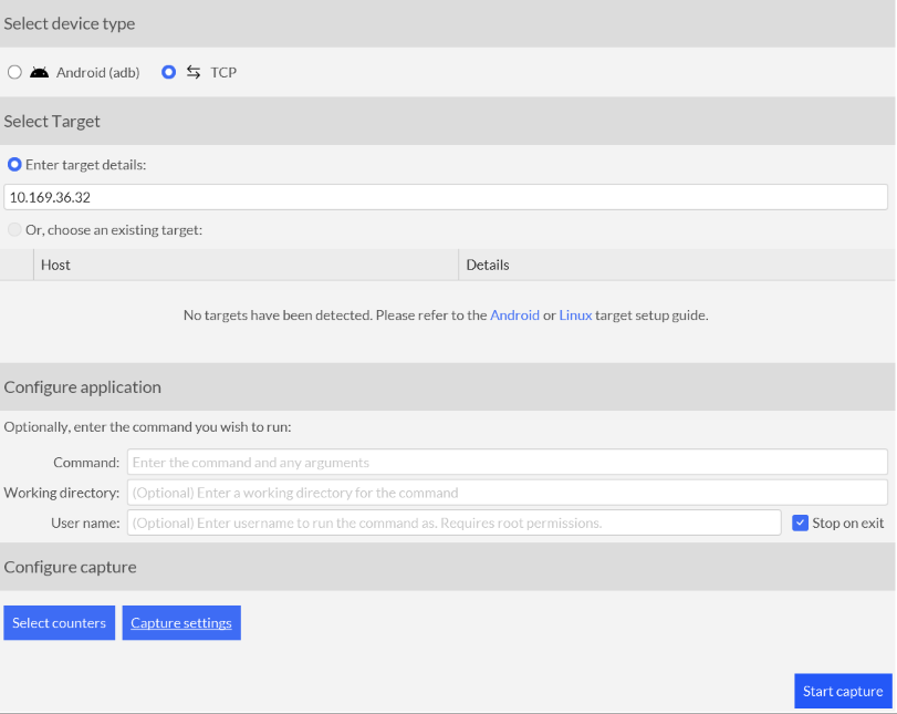 Image Alt Text:Screenshot of Arm Streamline application showing the capture configuration interface with connection settings and PMU event selection alt-text