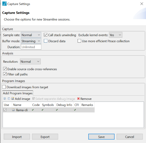 Image Alt Text:Screenshot showing Streamline image path configuration for llama-cli executable debug information alt-text